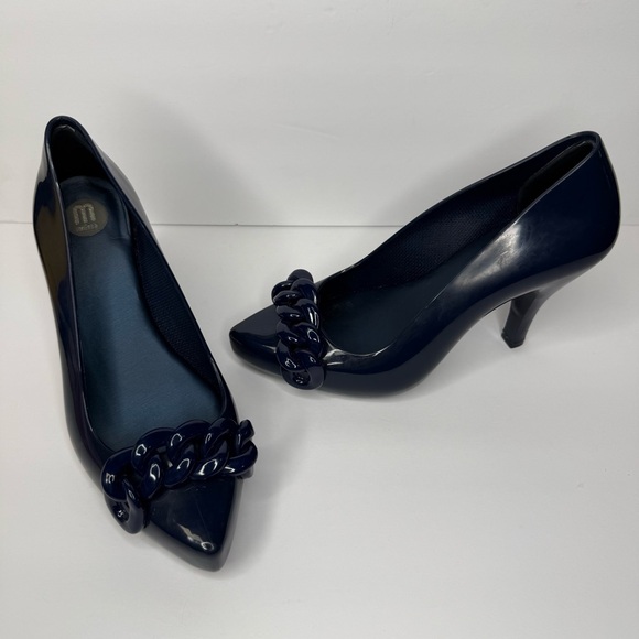 Melissa Navy Blue Heels Plastic Jelly Shoes with Chain Detail Size US 6 - Picture 1 of 10
